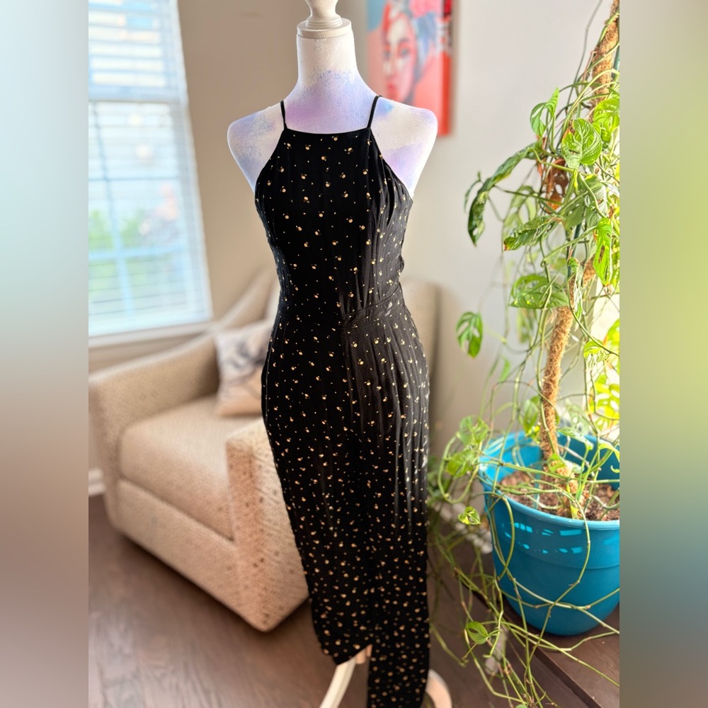 Women's Black Halter Jumpsuit Yellow Flower Print